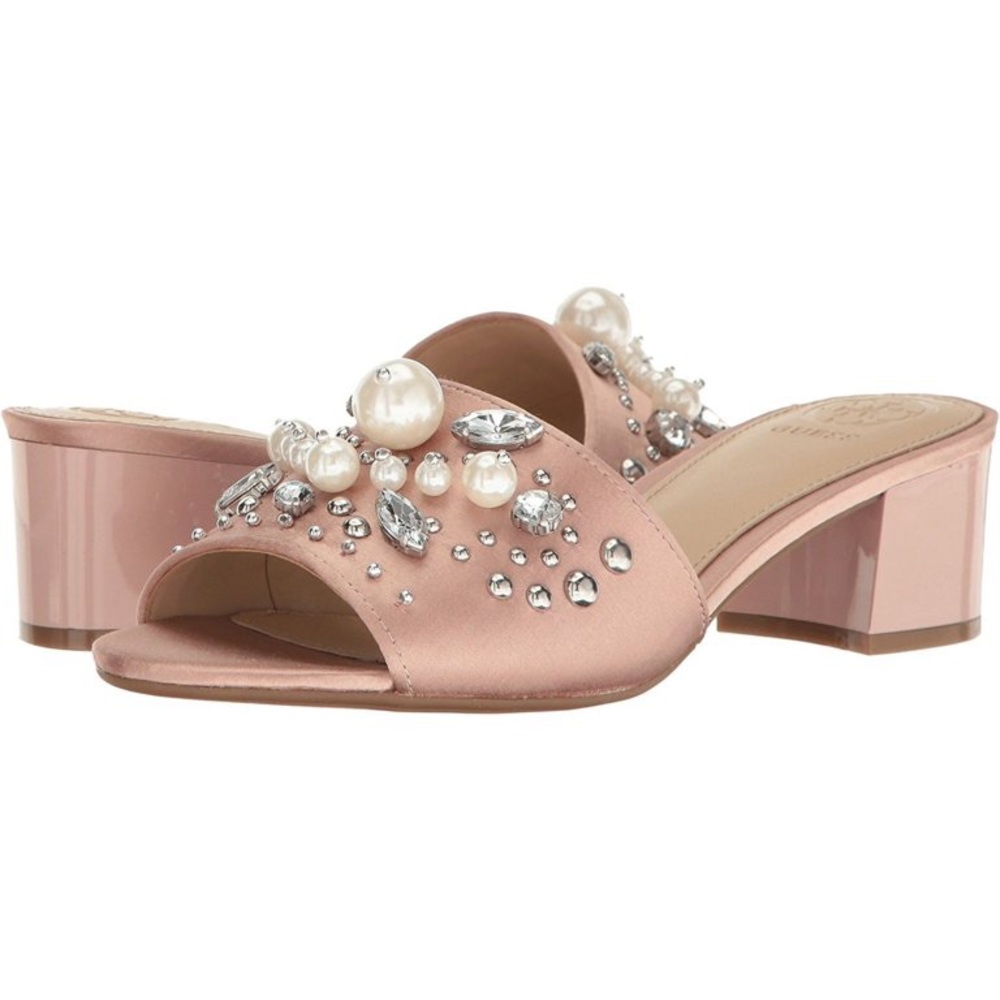 Guess Dancerr Embellished Pearl Crystal Blush Pink Block Heel Sandals - 8
